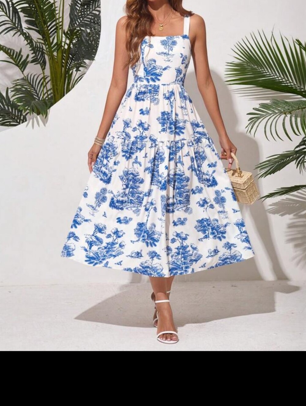 SHEIN Blue & White Toile Floral Midi Dress | Backless Tie | Size Medium